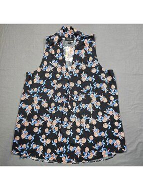 NEW Karen Kane Pineapple Sleeveless Button-Up Top Size L Black Rayon